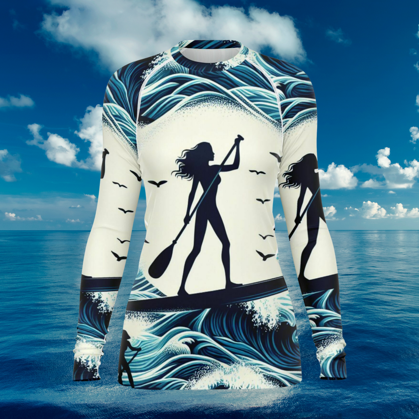 Women's White and Blue Rashguard Long Sleeve