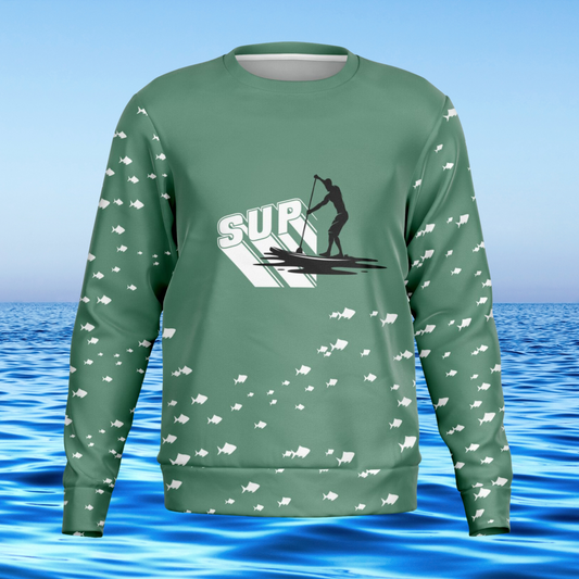 Green Men's Paddleboarding Soft Sweatshirt with Fish and Paddle Design