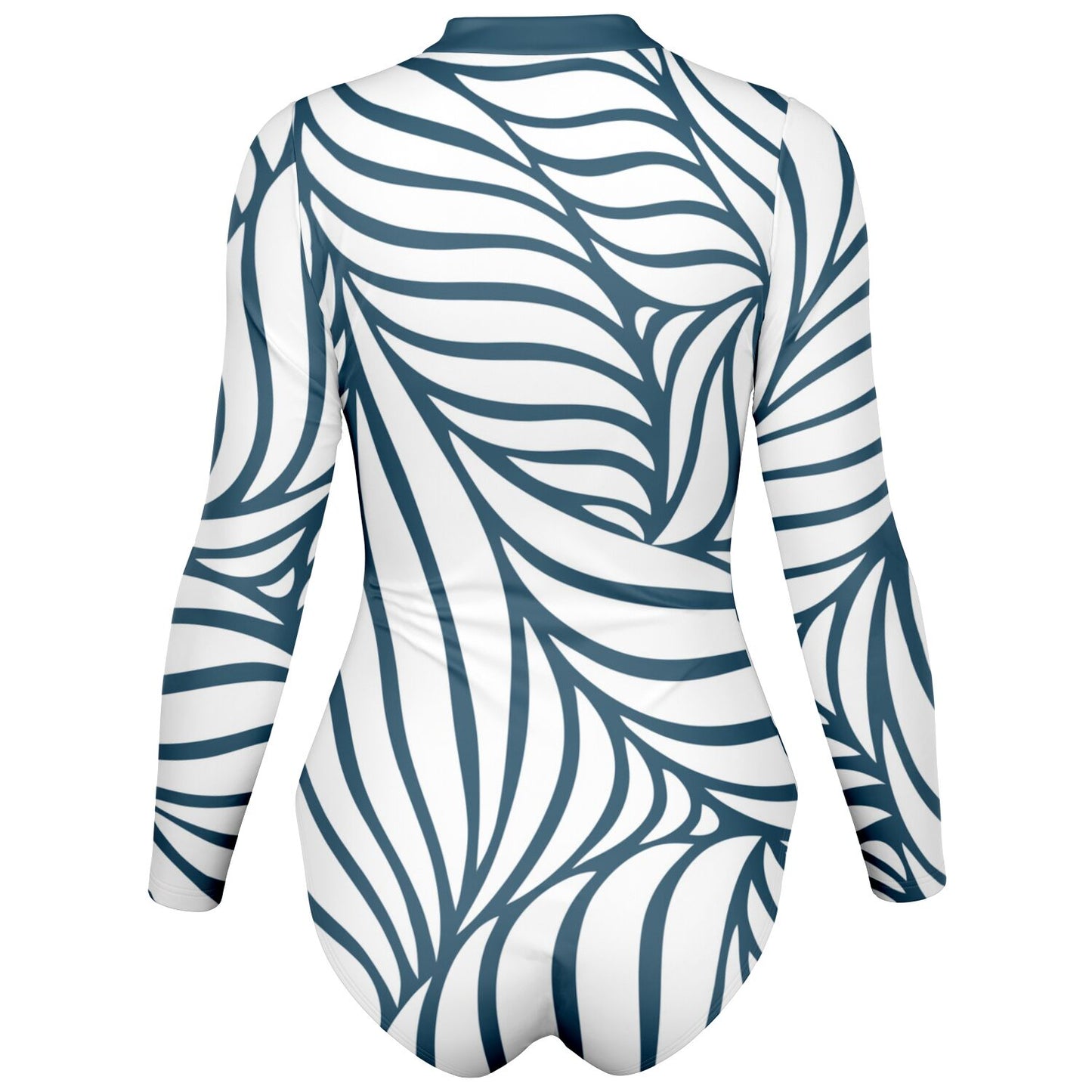 White and Dark Teal Abstract Lines Design Women's Bodysuit Long Sleeve One Piece Swimwear