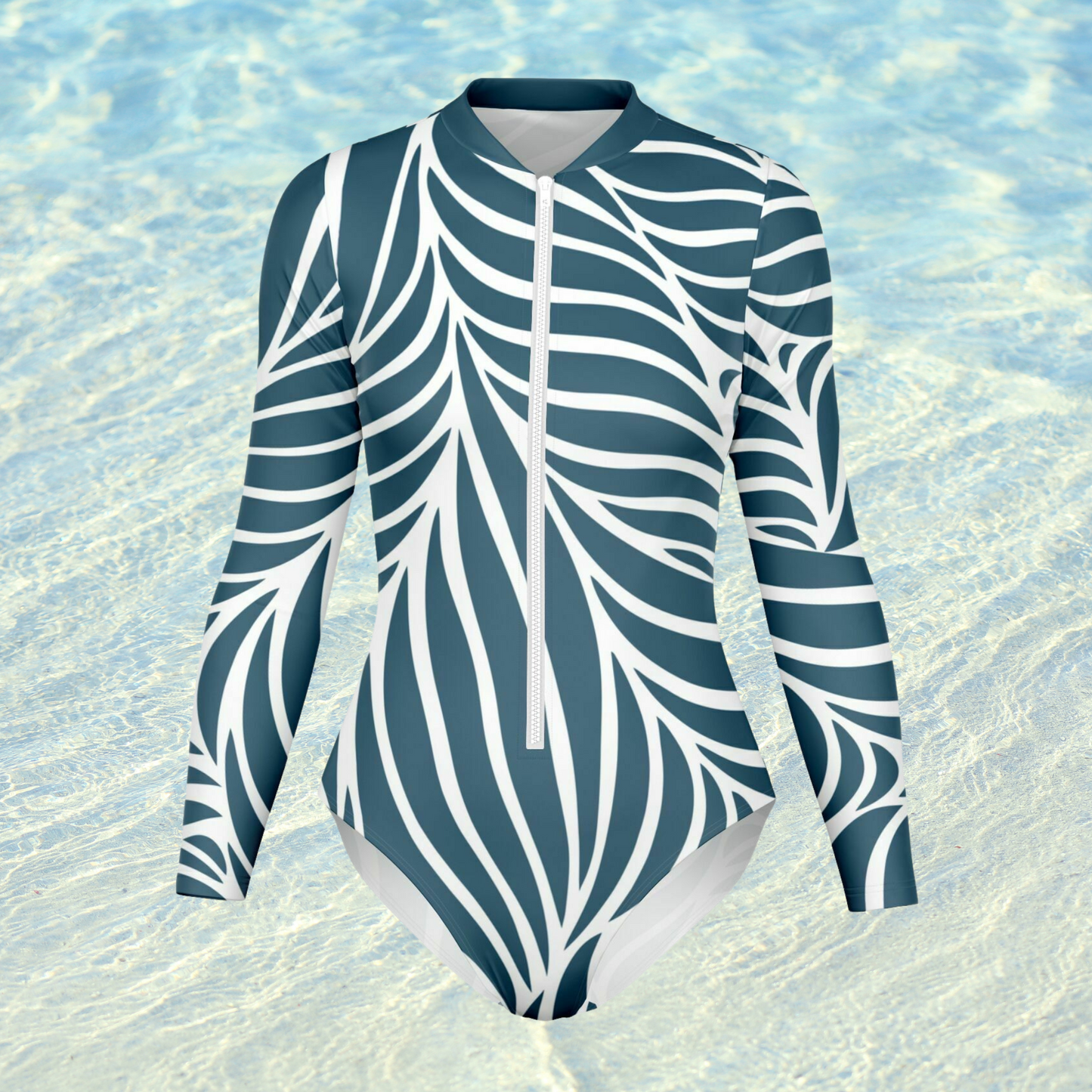 Women's White Dark Teal Abstract Waves Bodysuit Long Sleeve One Piece Swimwear