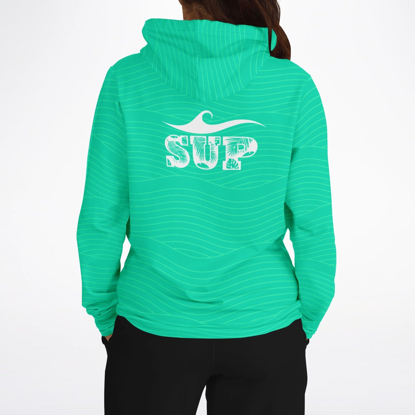 Trendy Women's Turquoise Fashion Hoodie with White Wave & SUP Vibes