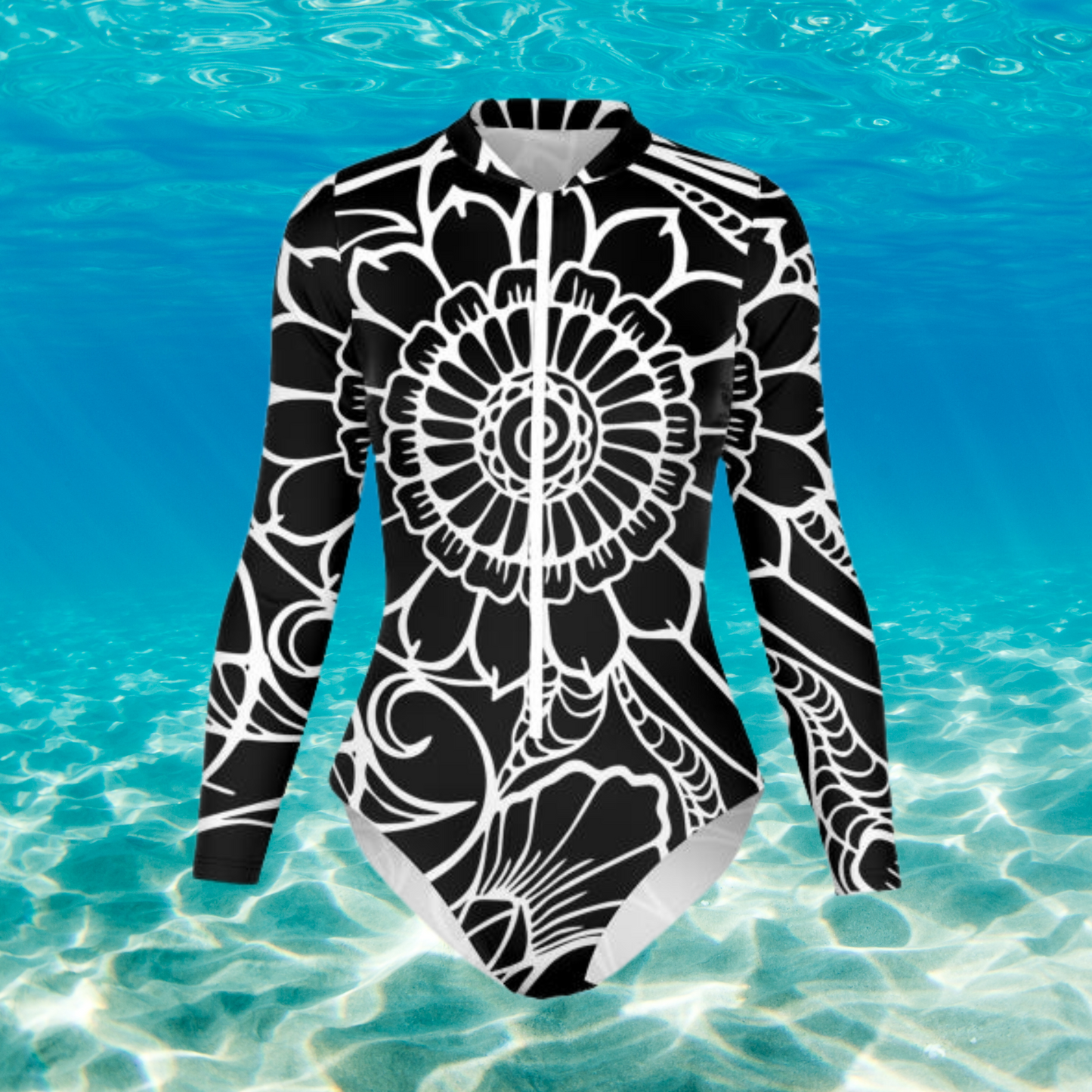 Black and White Women's Bodysuit Long Sleeve One Piece Swimwear