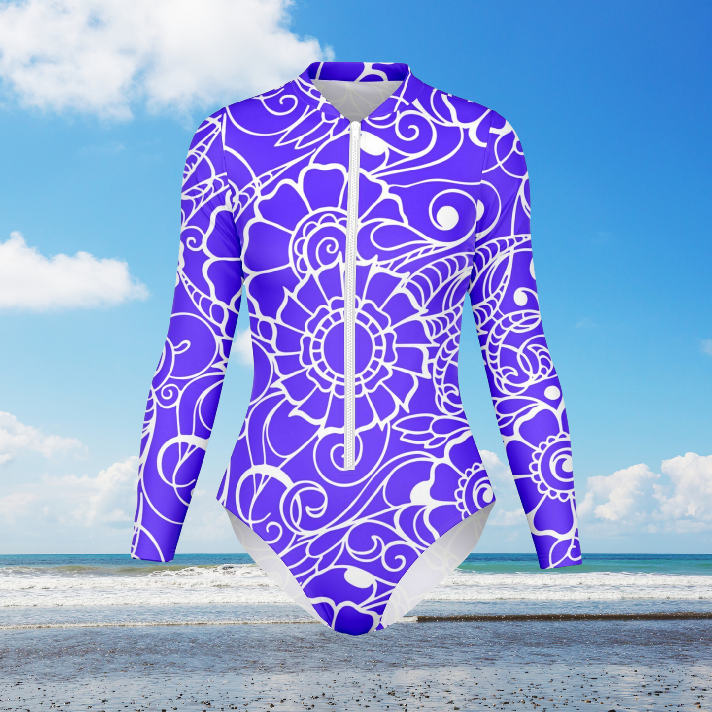 Women's White and Purple Abstract Design Bodysuit Long Sleeve One Piece Swimwear
