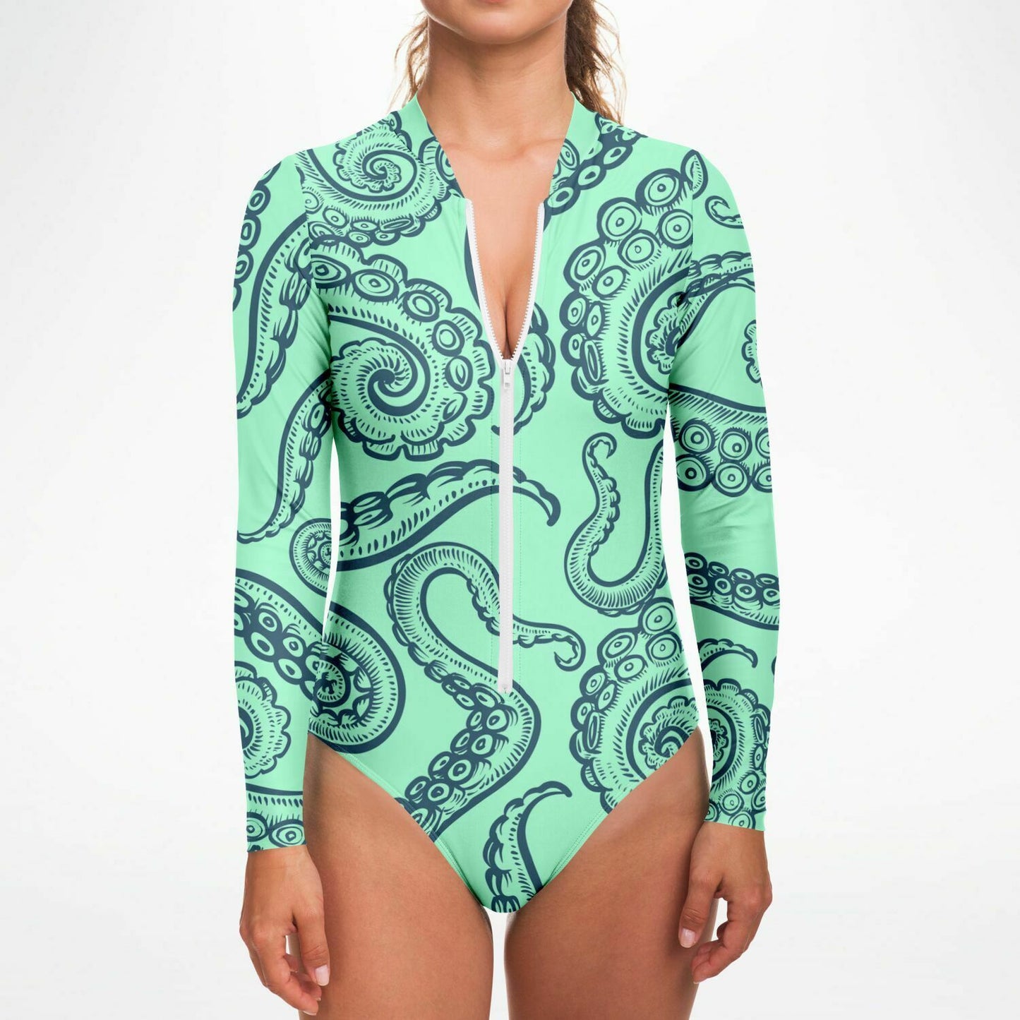 You Know Where to Find Me Octopus Turquoise Bodysuit Long Sleeve One Piece Swimwear