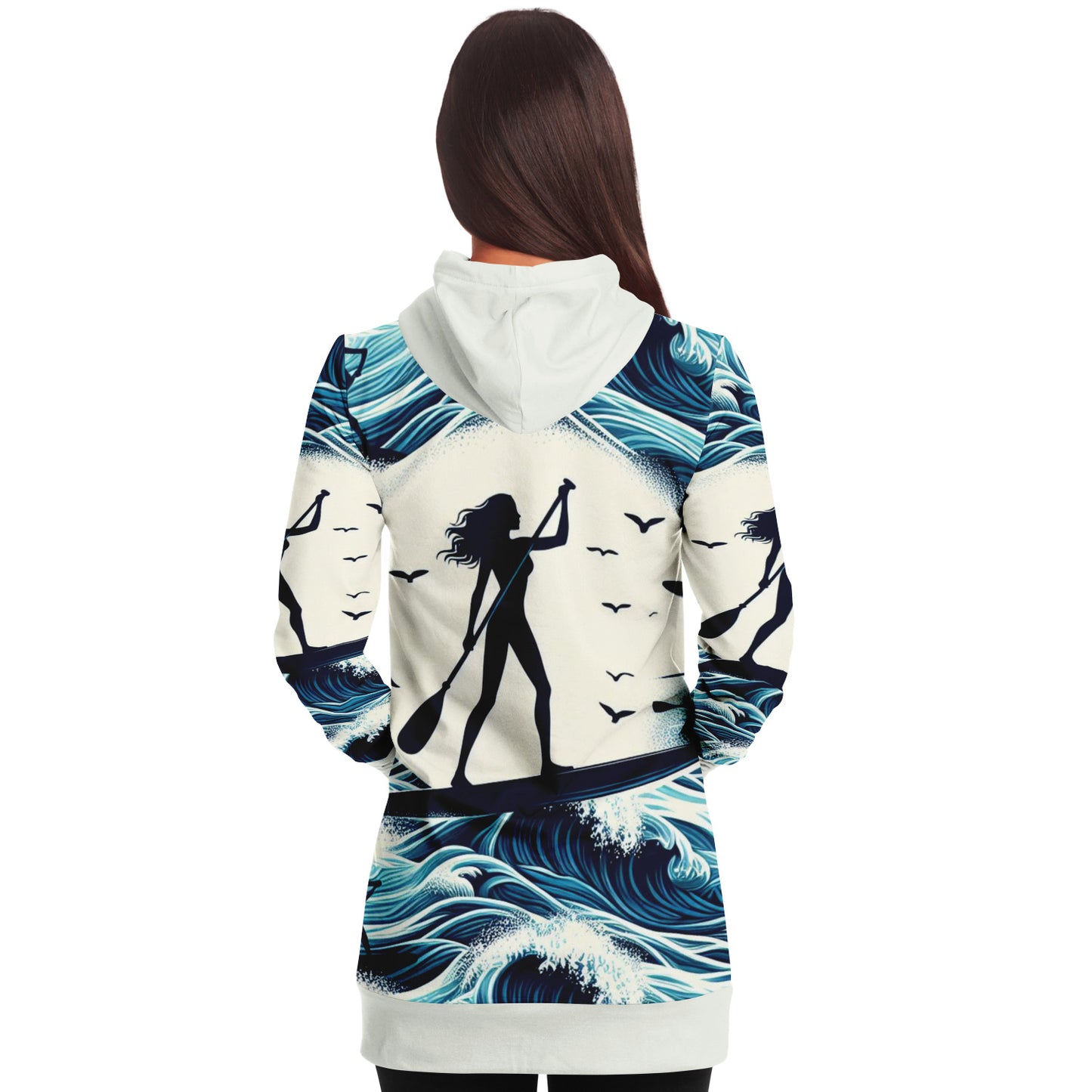 Women's White And Blue Ocean Waves Paddleboarder Longline Athletic Hoodie