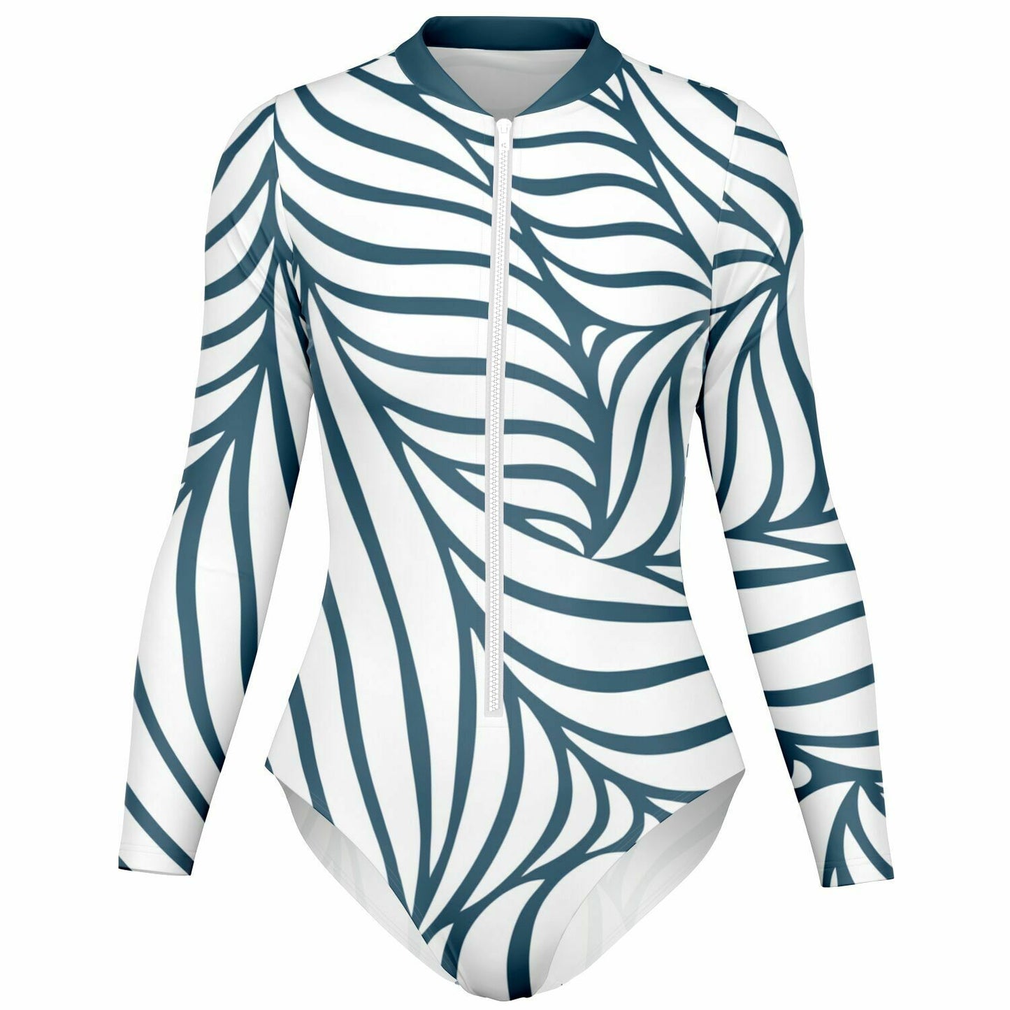White and Dark Teal Abstract Lines Design Women's Bodysuit Long Sleeve One Piece Swimwear