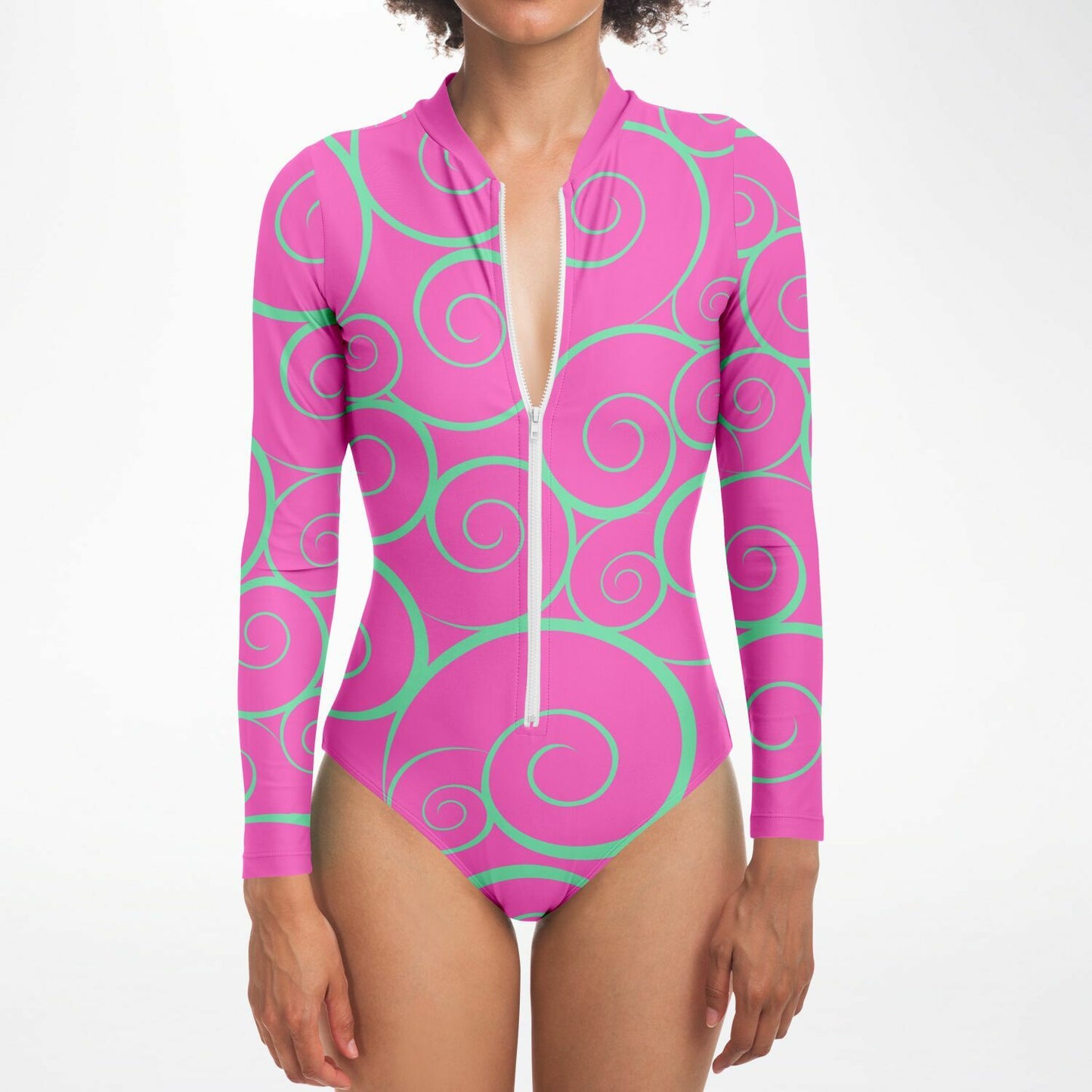 Fushia Mint Green Bodysuit Long Sleeve One Piece Swimwear