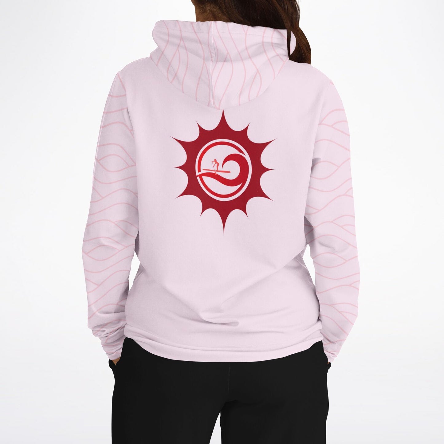 Women's Light Pink Paddleboarding Fashion Hoodie with Elegant Sun & Wave Design