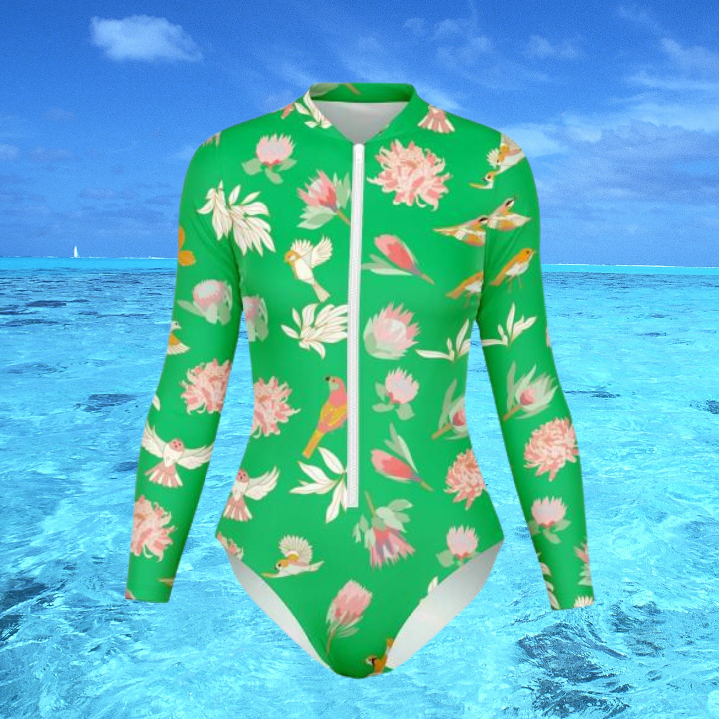 Women's Green Tropical Bodysuit Long Sleeve
