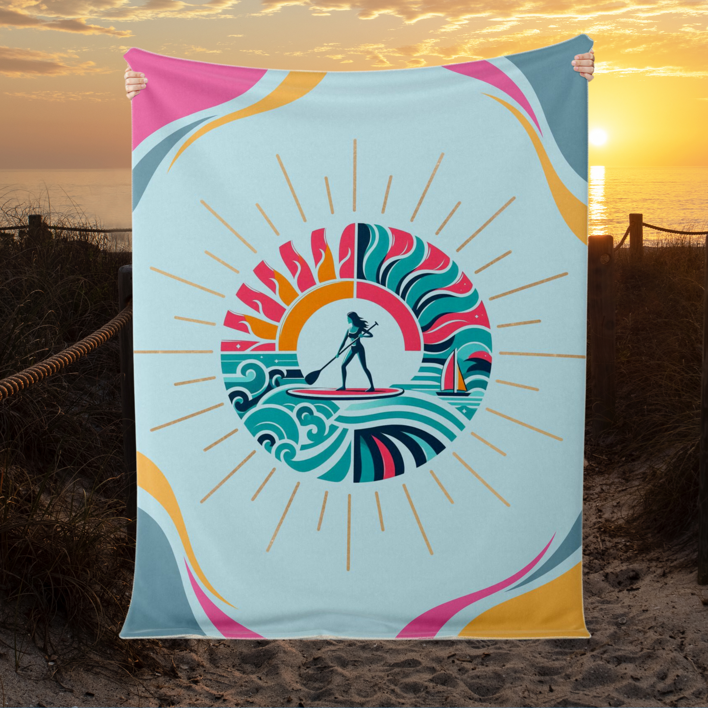 Sunburst Paddleboarder Fun Bright Premium Microfleece Blanket
