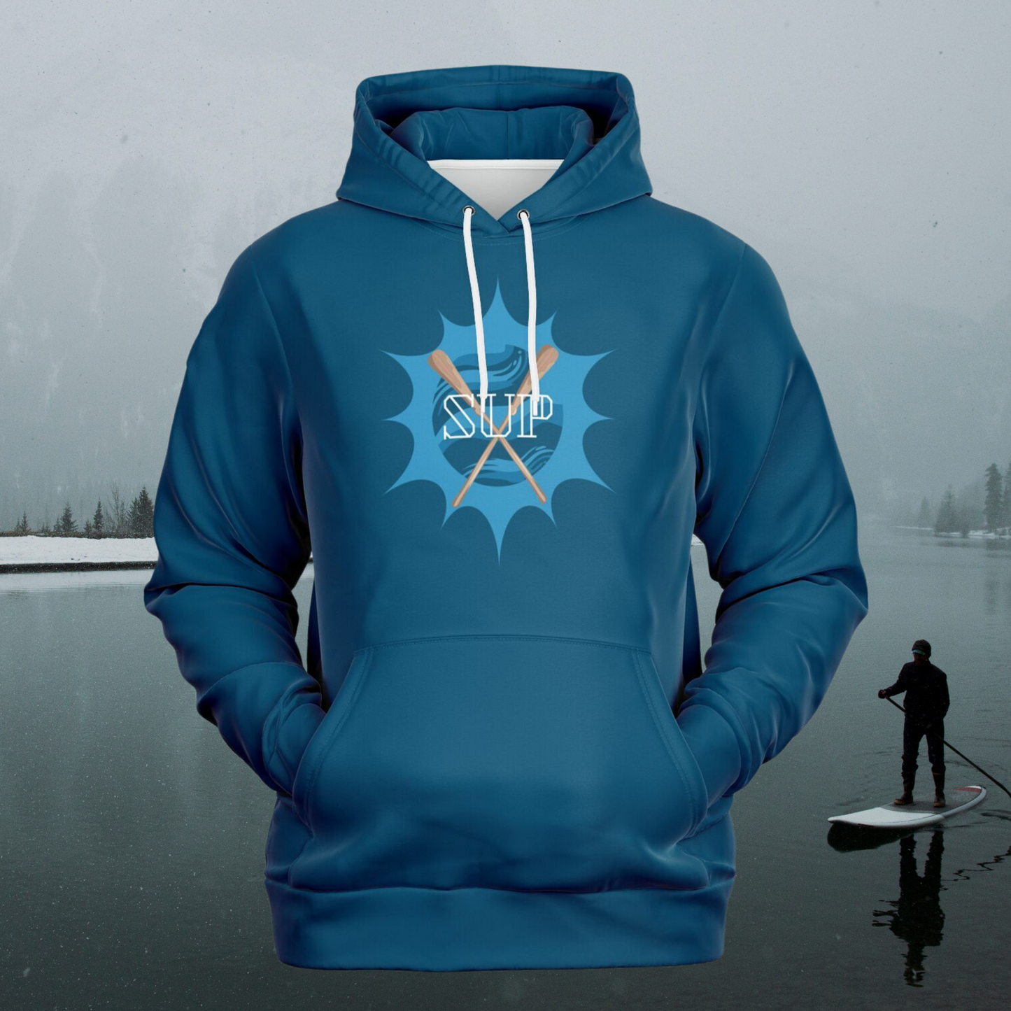 Men's And Women's Blue Fashion Hoodie with Sun & Paddles SUP Design