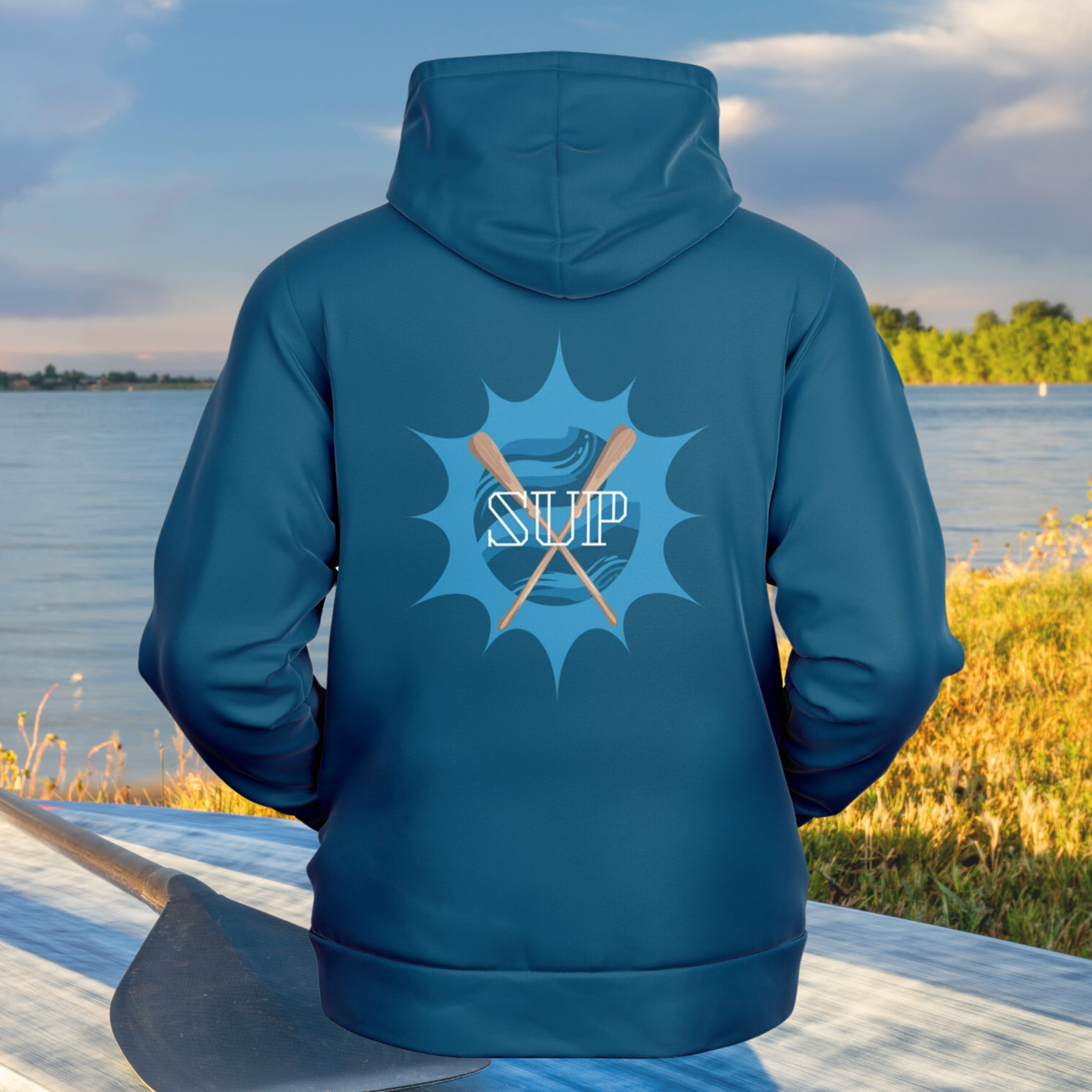 Men's And Women's Blue Fashion Hoodie with Sun & Paddles SUP Design