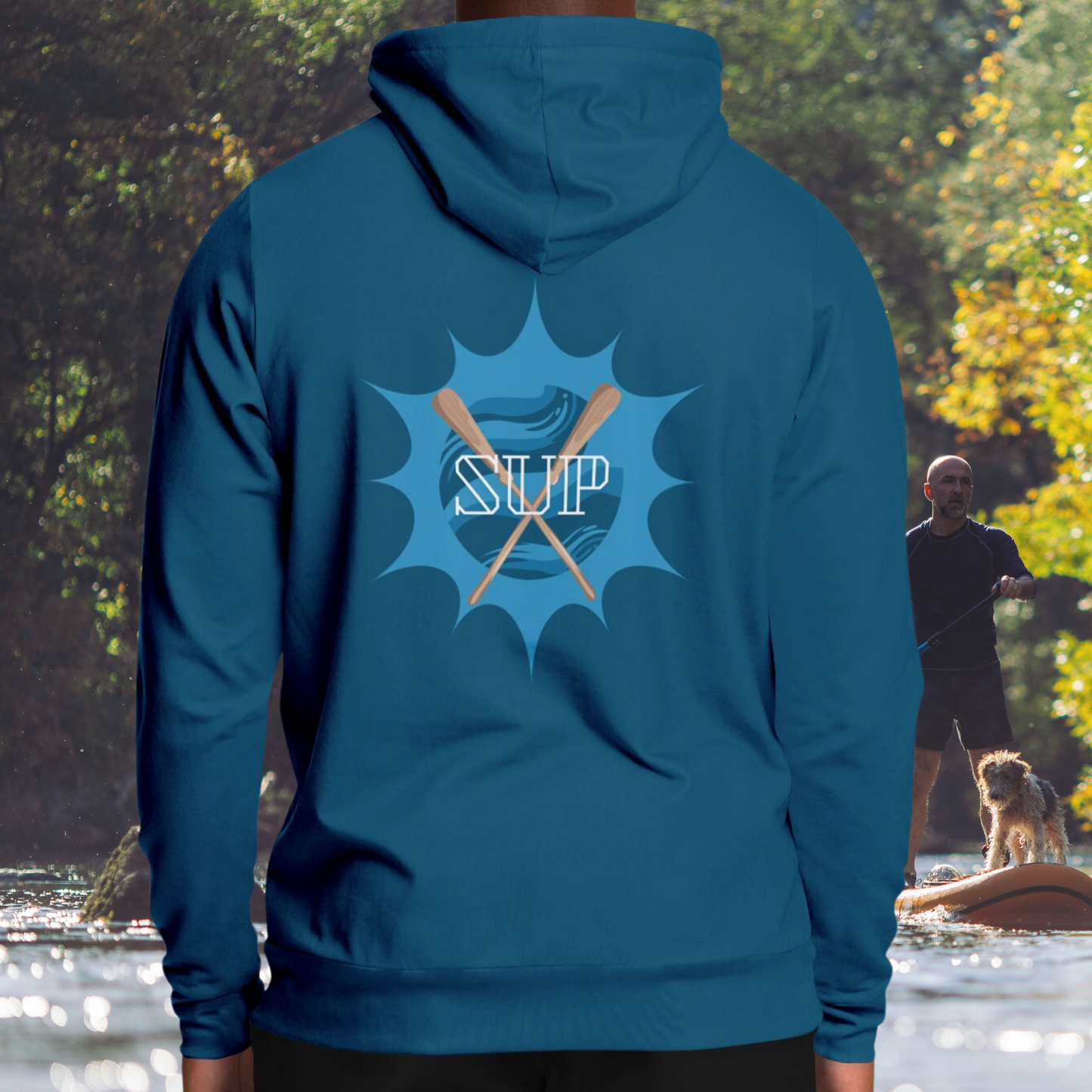 Men's And Women's Blue Fashion Hoodie with Sun & Paddles SUP Design