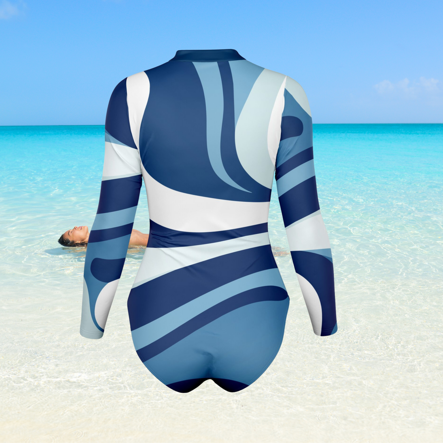 Women's Blue and White Lines Bodysuit Long Sleeve One Piece Swimwear