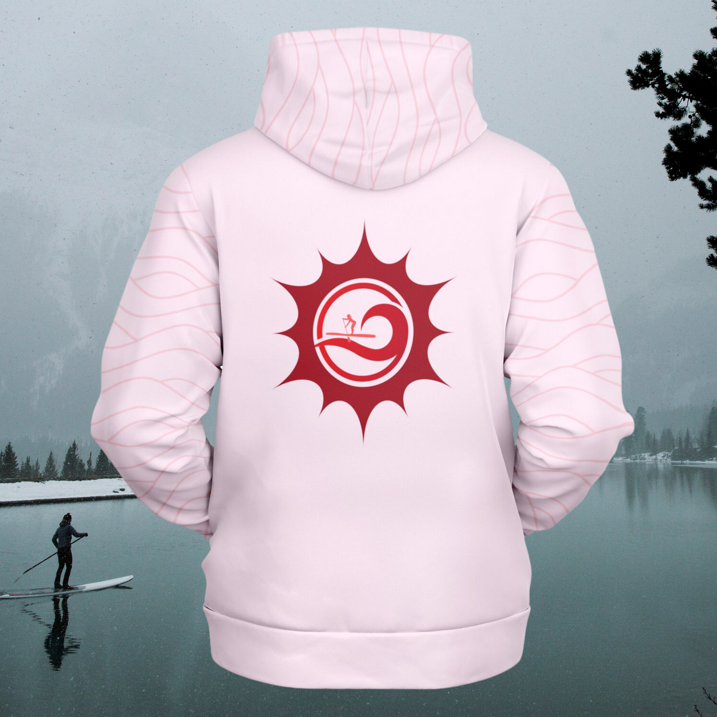 Women's Light Pink Paddleboarding Fashion Hoodie with Elegant Sun & Wave Design