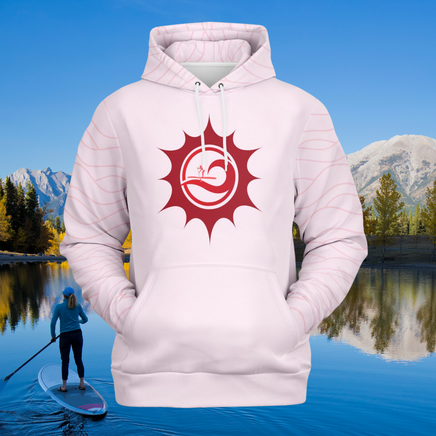 Women's Light Pink Paddleboarding Fashion Hoodie with Elegant Sun & Wave Design