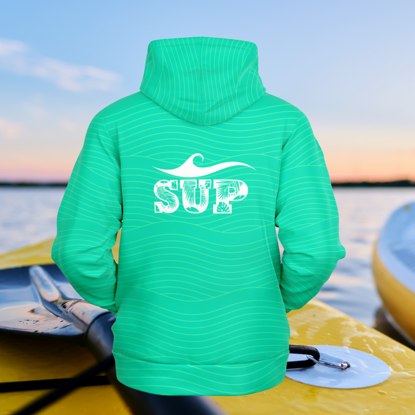 Trendy Women's Turquoise Fashion Hoodie with White Wave & SUP Vibes