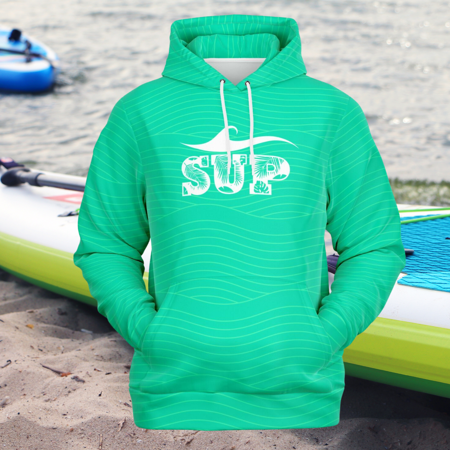 Trendy Women's Turquoise Fashion Hoodie with White Wave & SUP Vibes