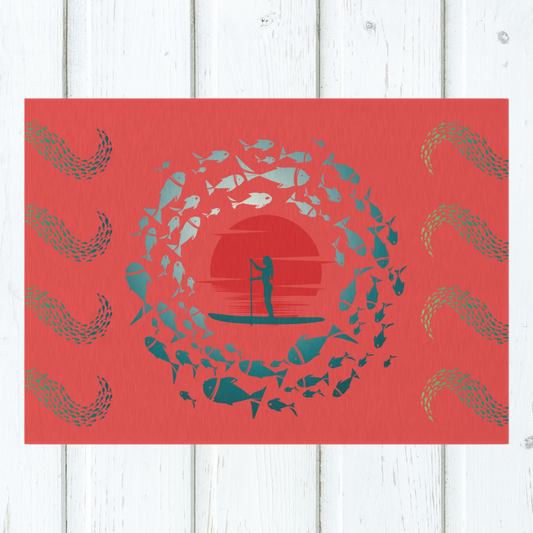 Vibrant Red and Blue Paddleboarder Surrounded by Fish Water Resistant Outdoor Rug