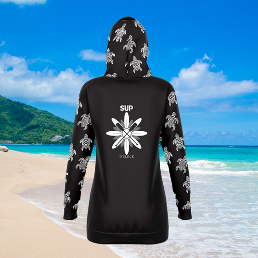 Women's Black SUP O'clock with Turtles Longline Athletic Hoodie