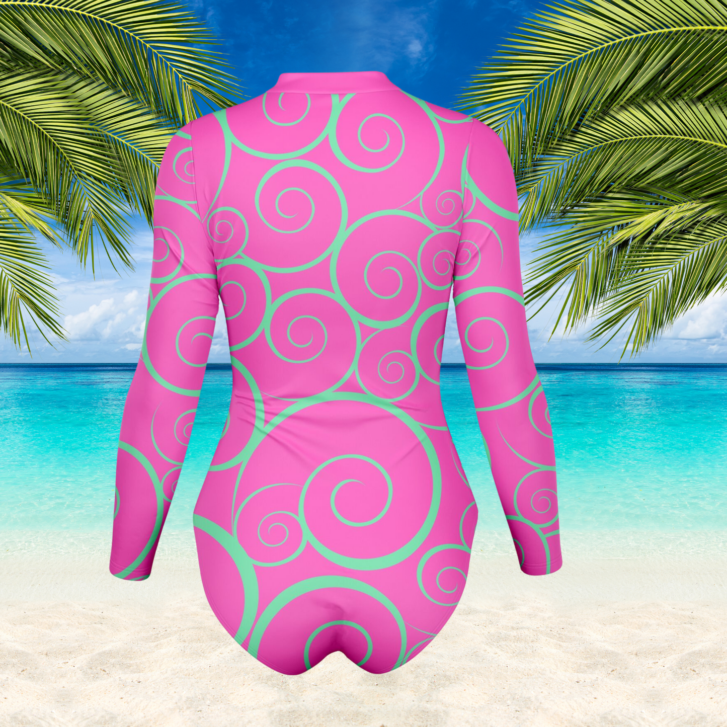 Fushia Mint Green Bodysuit Long Sleeve One Piece Swimwear