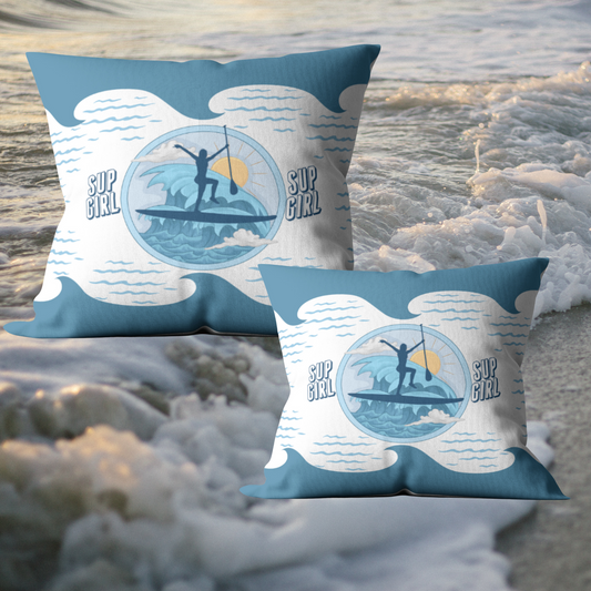 Blue Paddleboarder Girl on Board Water and Mildew Resistant Outdoor Pillows