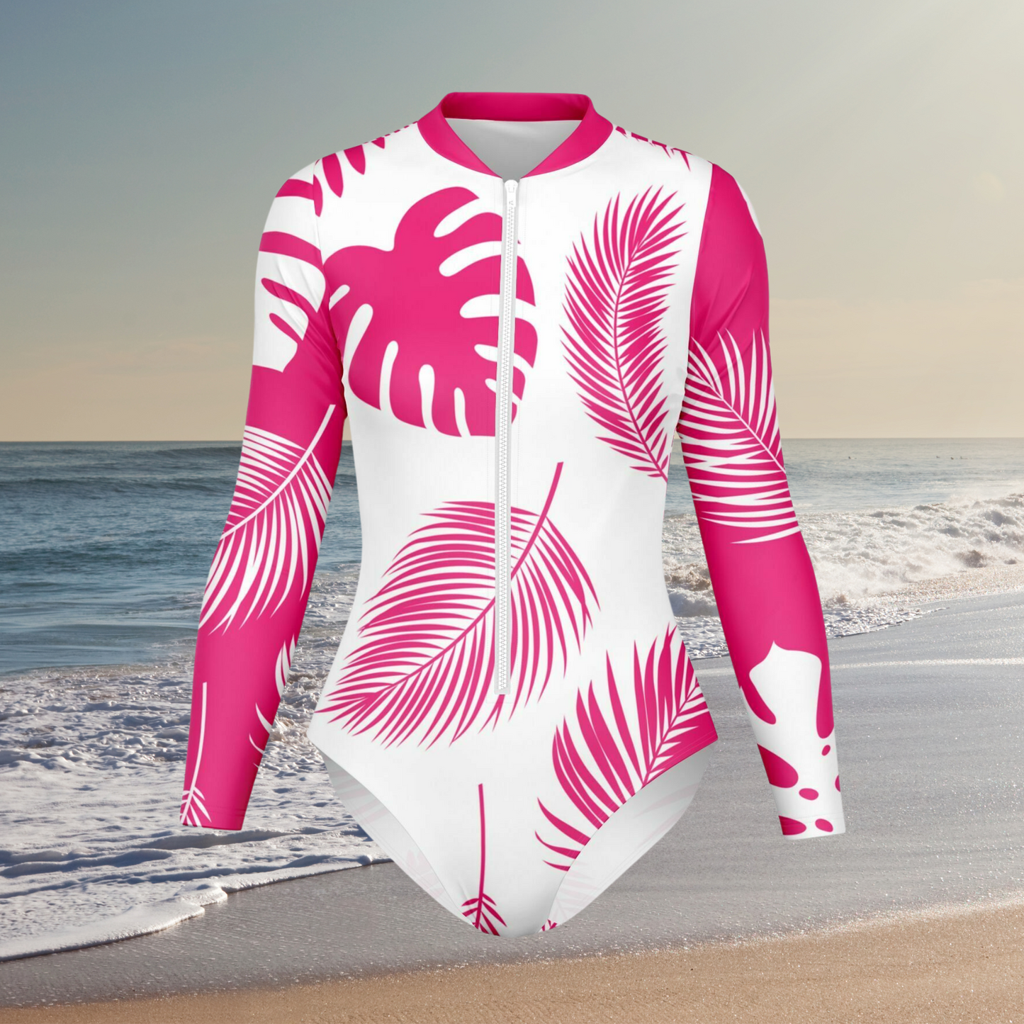 Pink and White Tropical Leaves Women's Bodysuit Long Sleeve One Piece Swimwear