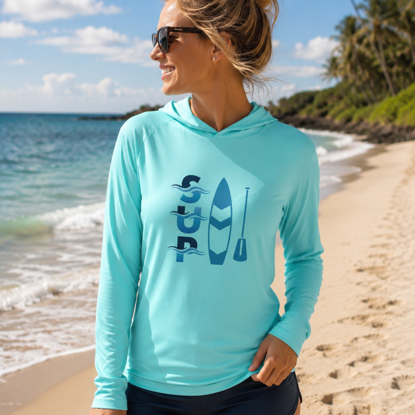 Women’s Pastel Cyan SUP Paddleboard Hooded Performance Shirt