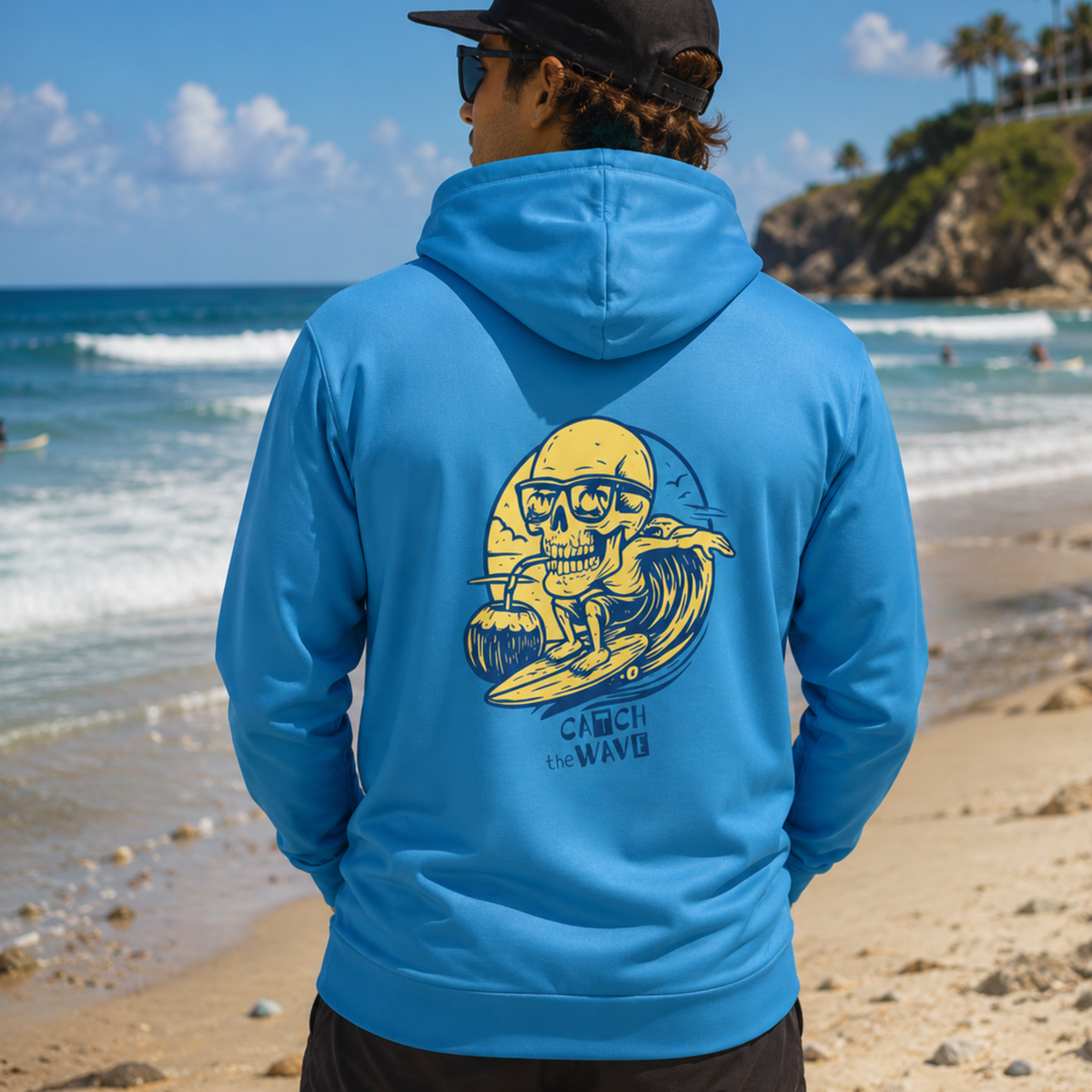 Men’s Athletic Surf & Paddleboarding Hoodie – Blue Surf “Catch the Wave” Design