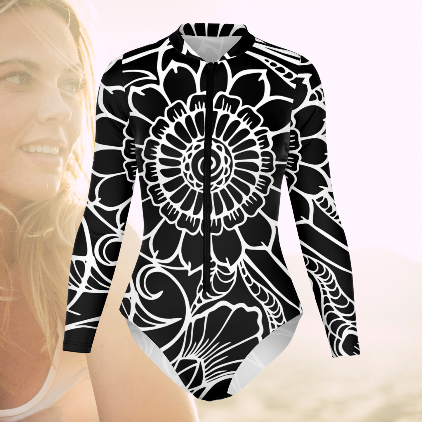Woman's Black and White Flower Print Bodysuit