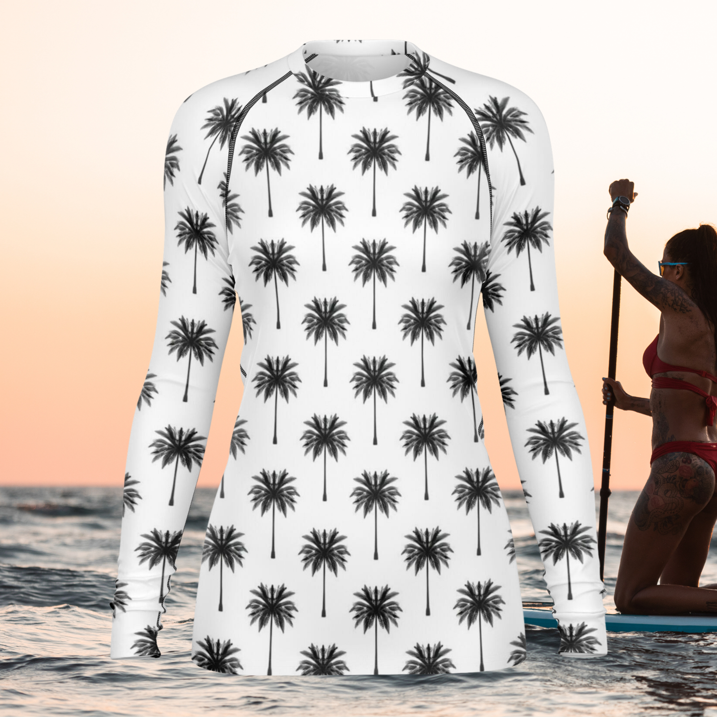 Women's Black & White Palm Print Long Sleeve Rashguard