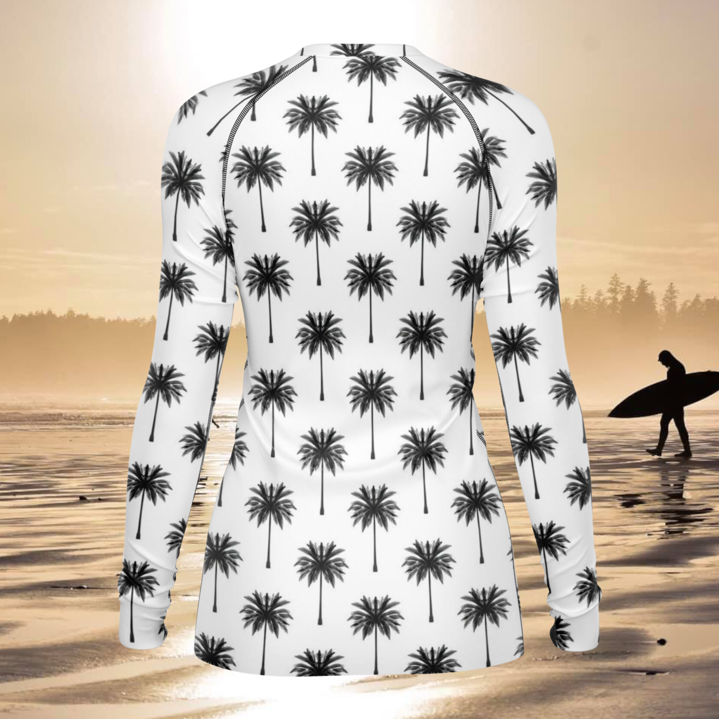 Women's Black & White Palm Print Long Sleeve Rashguard