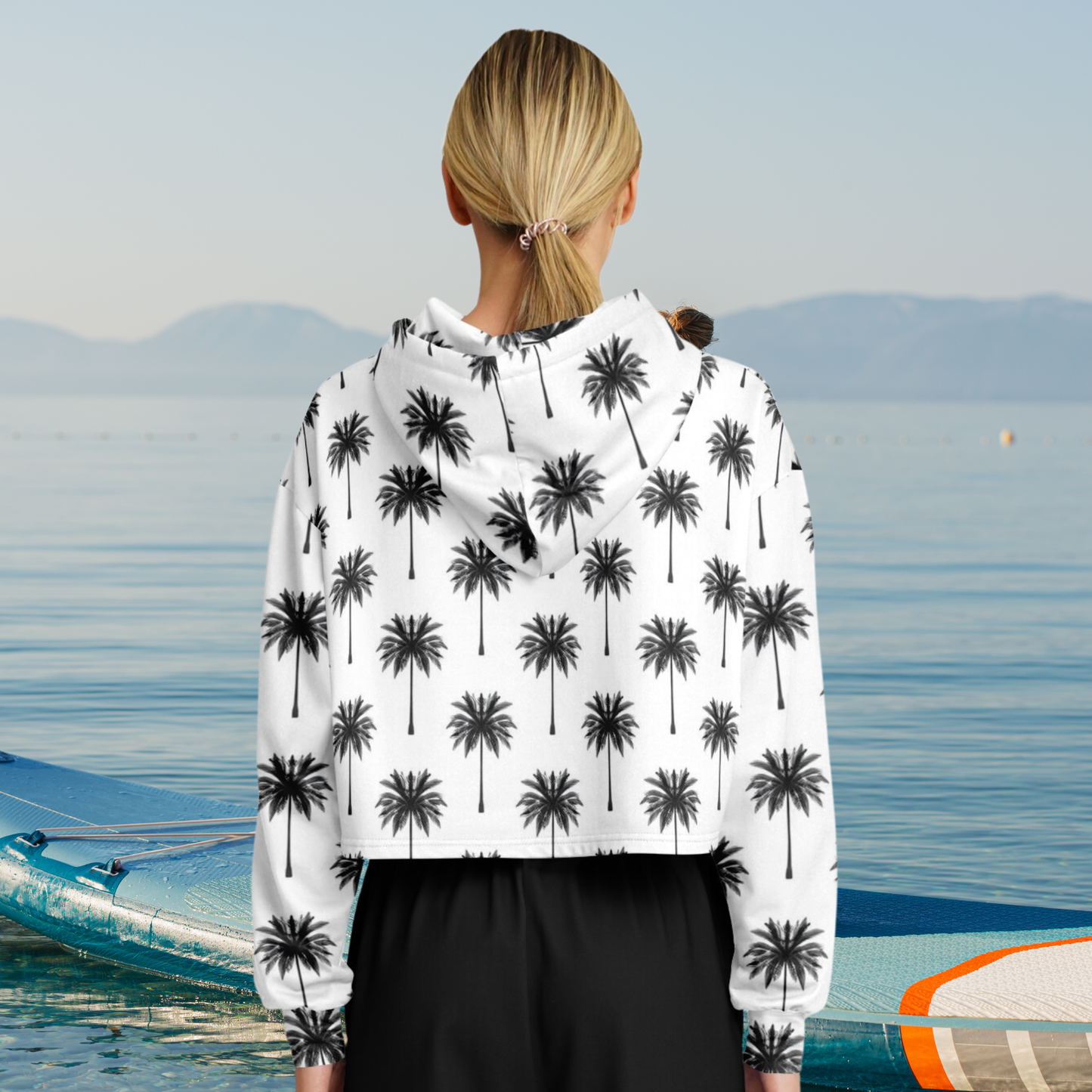 Women’s Palm Print Hoodie – Modern Black & White Coastal Style