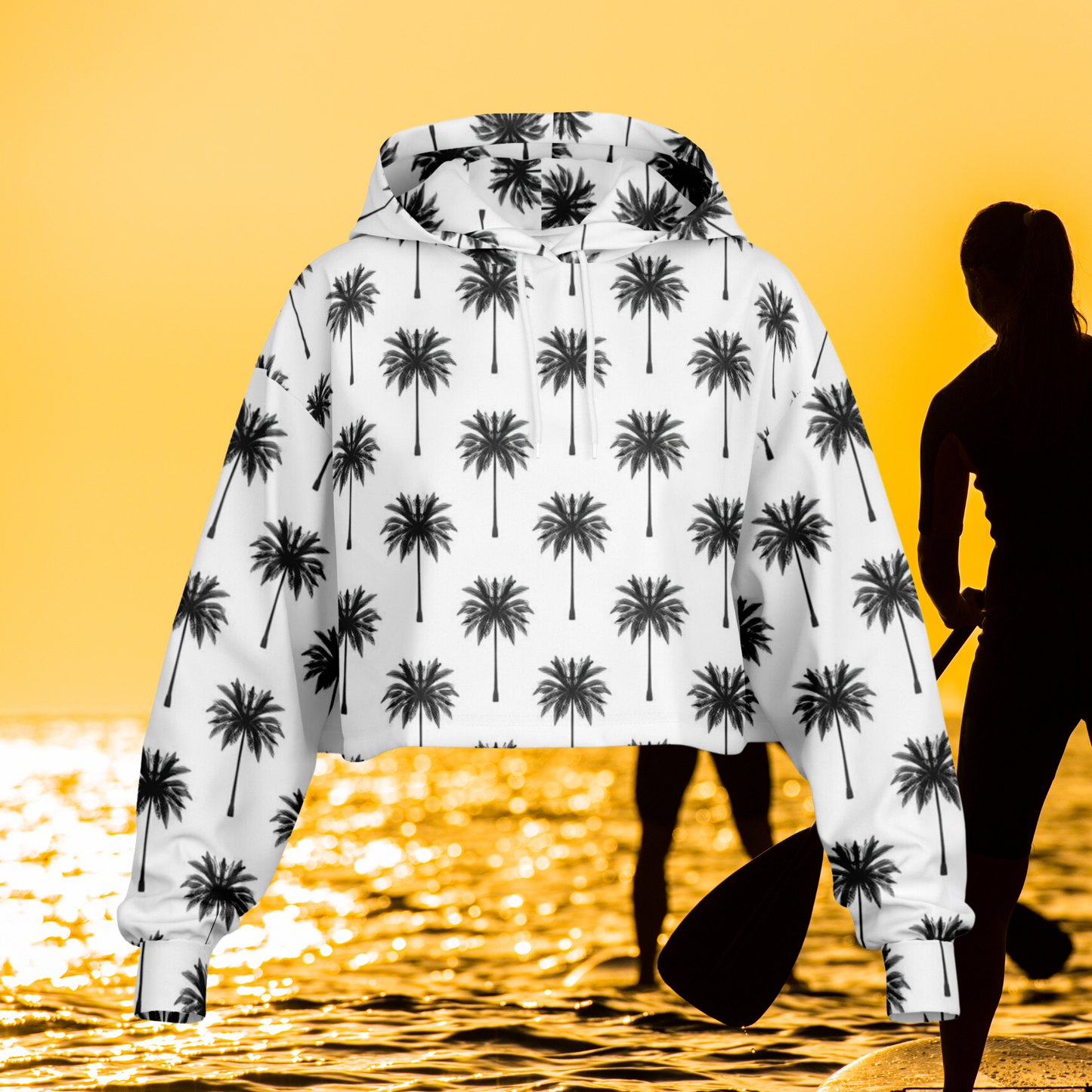 Women’s Palm Print Hoodie – Modern Black & White Coastal Style