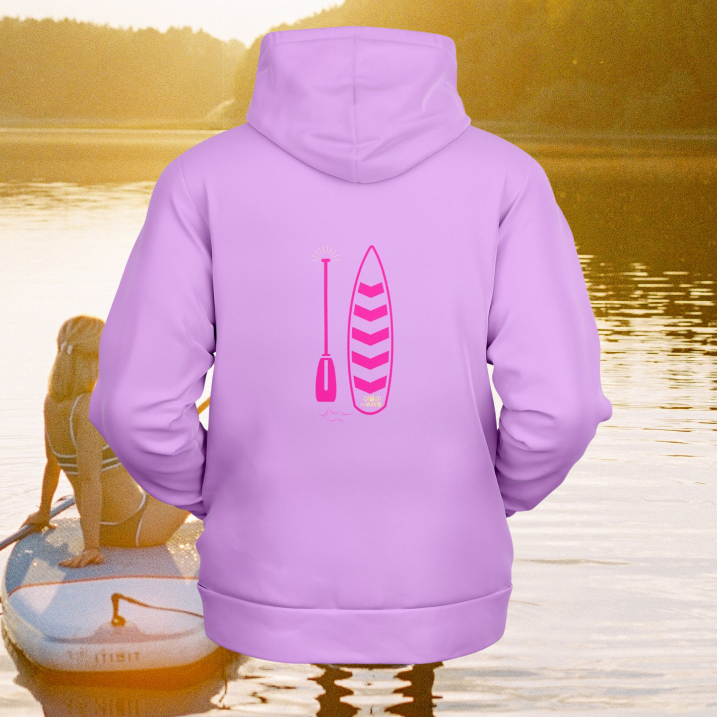 Women’s Athletic SUP Hoodie – Purple with Pink Paddleboard Back Design