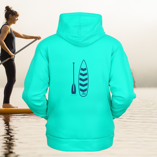 Women's Athletic Turquoise Hoodie with Dark Azur Paddleboard Design