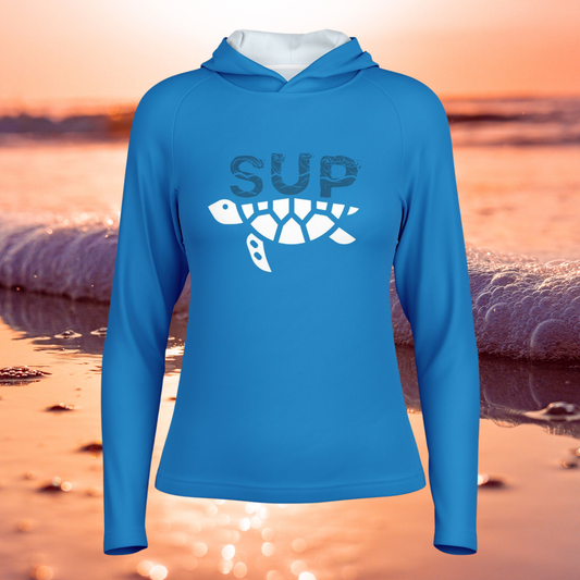 Women's Hooded SUP Performance Shirt-Long Sleeve Bright Blue Top