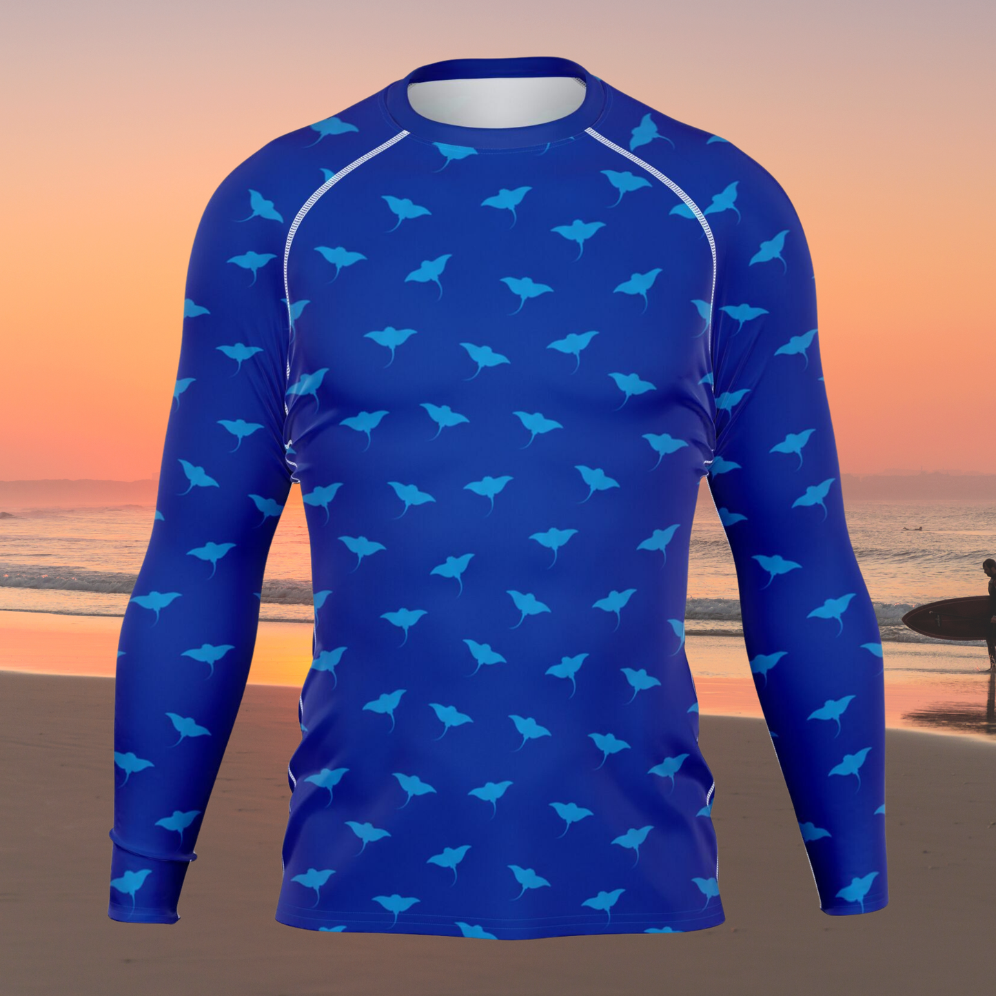 Men's Ocean Blue Stingray Pattern Long Sleeve Rashguard