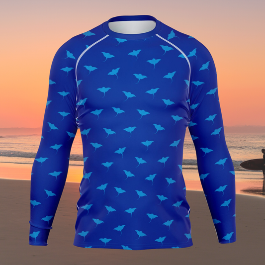 Men's Ocean Blue Stingray Pattern Long Sleeve Rashguard