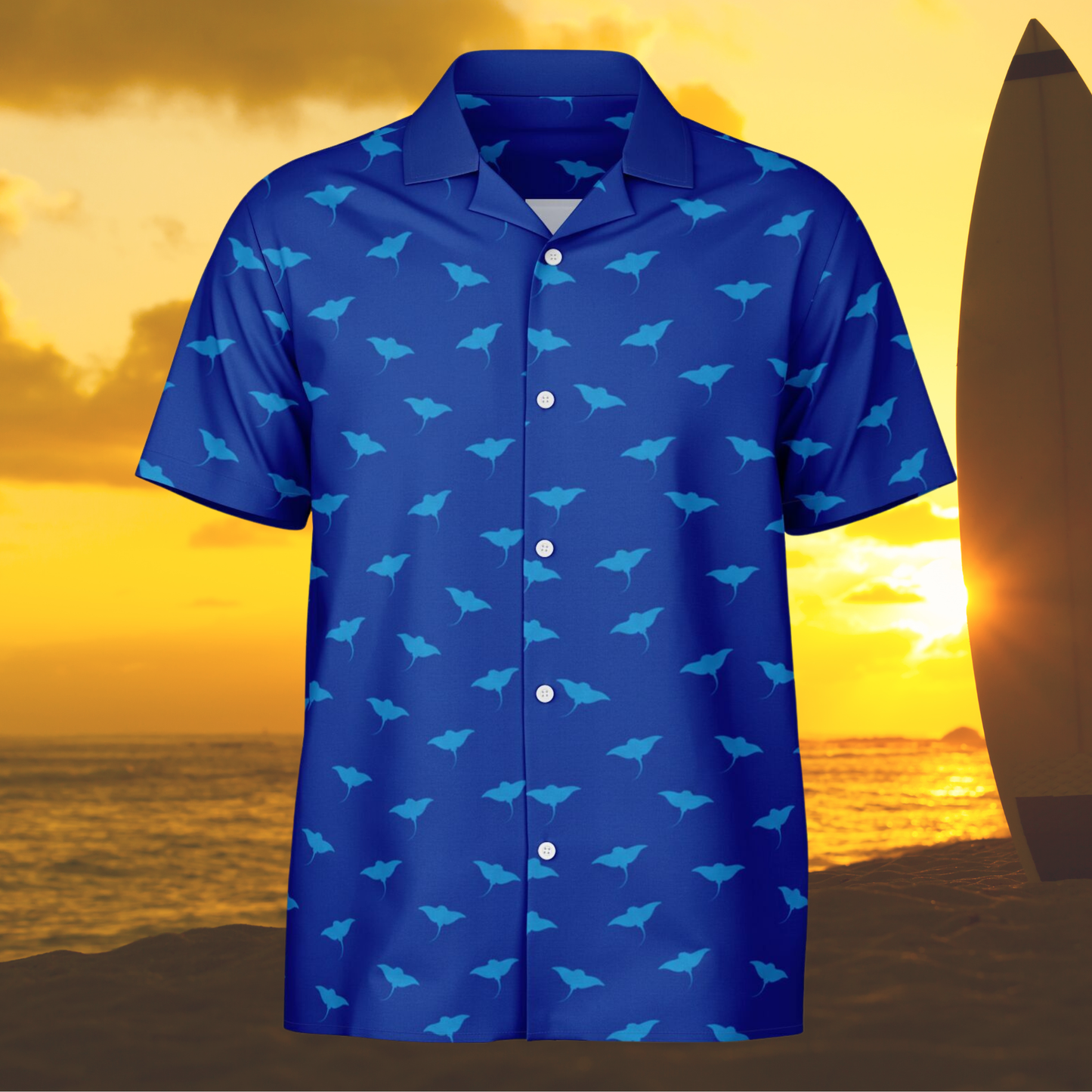 Men's Blue Stingray Pattern Short Sleeve Button-Down Shirt | Coastal Beach Shirt