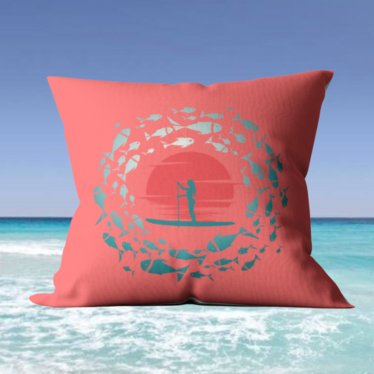 Vibrant Red and Blue Paddleboarder and Fish Outdoor Pillows