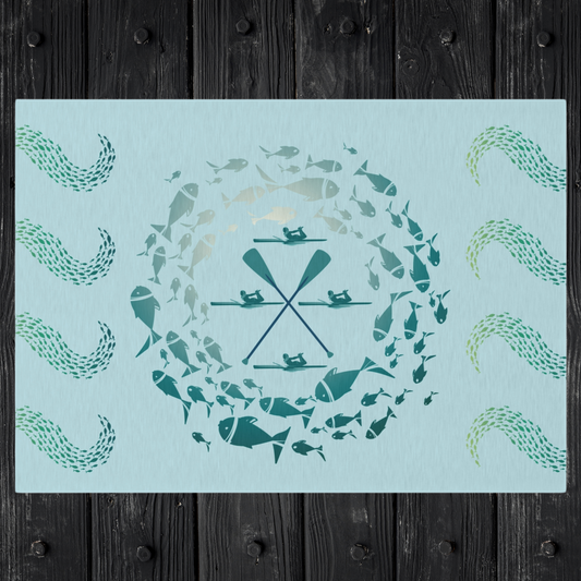 Pastel Blue School of Fish and Paddles Water and Mildew Resistant Outdoor Rug