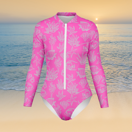 Pink with Beach Elements All Over Design Women's Bodysuit Long Sleeve One Piece Swimwear